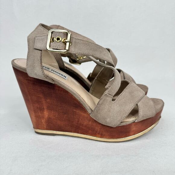 Steve Madden Showntel Platform Wedge Sandal Strappy Suede Neutral Tan Size 9M - Picture 4 of 10